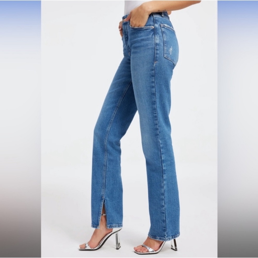 GOOD AMERICAN Good Curves Straight Blue Button Fly Split Hem Jeans